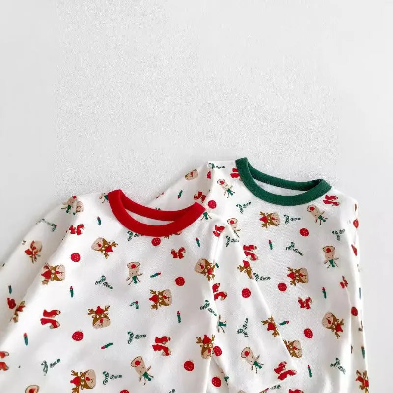 New Spring Autumn Baby Christmas Pajamas Set Long Sleeve Santa Print Bodysuit with Pants and Hat Infant Festive Sleepwear B6076