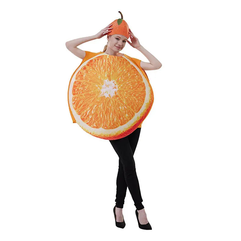 Halloween fun fruit slice costume for adults - wearing an orange outfit as a vegetable at a party in a bar for a performance.