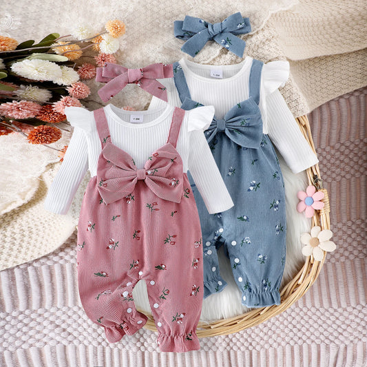 Sweety Baby Girls Long Sleeve Romper Floral Print Fake Two Pieces Patchwork Bow Jumpsuits Headband Set