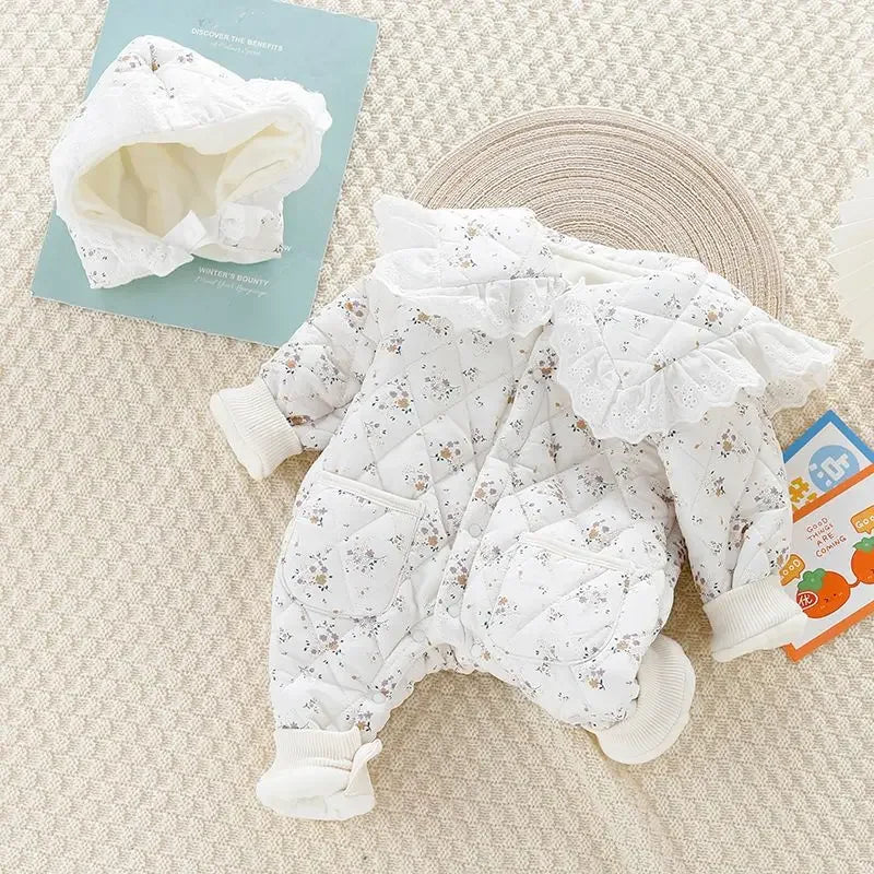 2024 Fall & Winter Baby Clothes 0-2 Y Sweet Toddler Girls Floral Fur Lining Rompers Infant Newborn Warm Jumpsuit with Hat