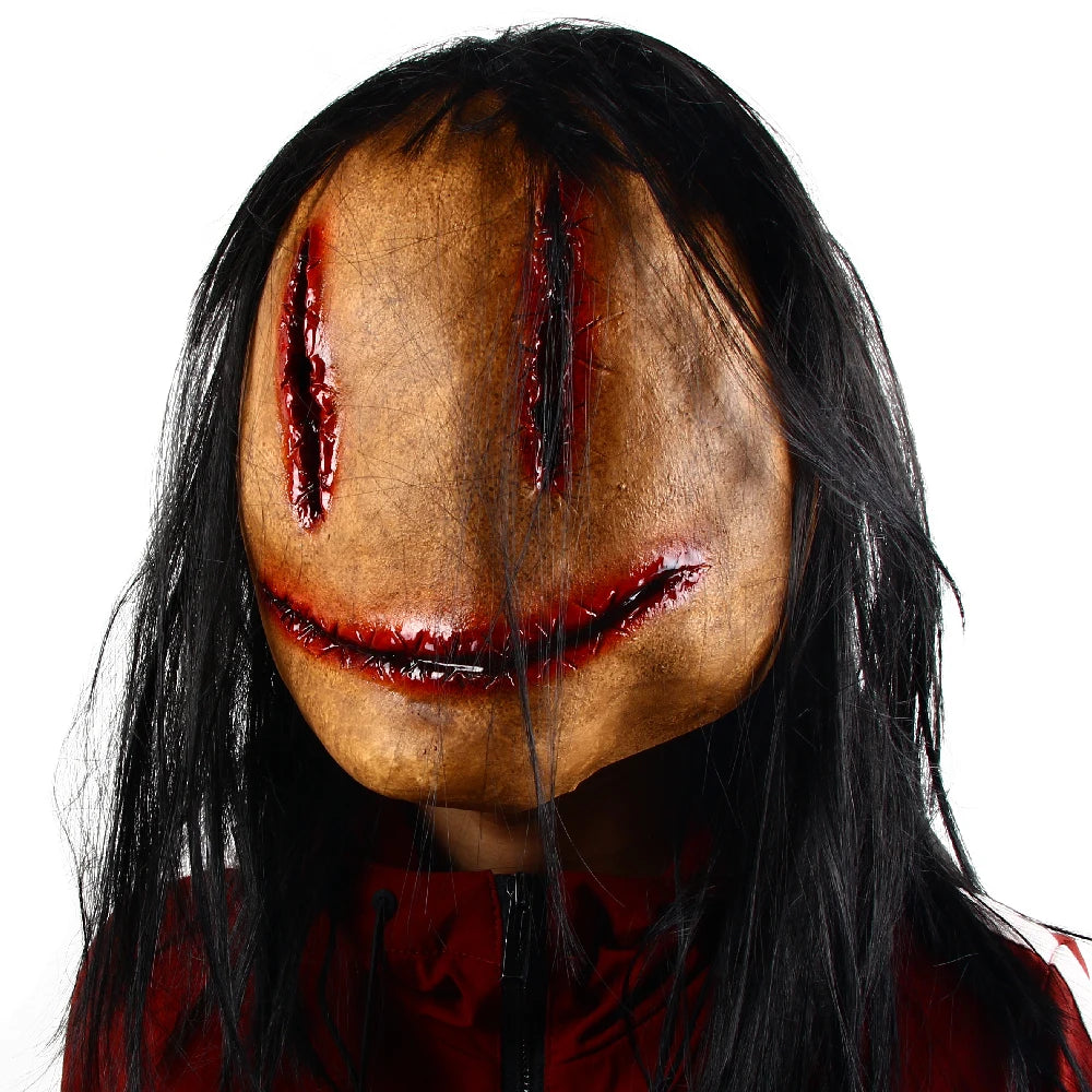 Halloween Horror Fancy Dress Party Mask Bloody lifelike Horror Smiley Cosplay Tricky Latex Pullover Mask With Hair Costume Props