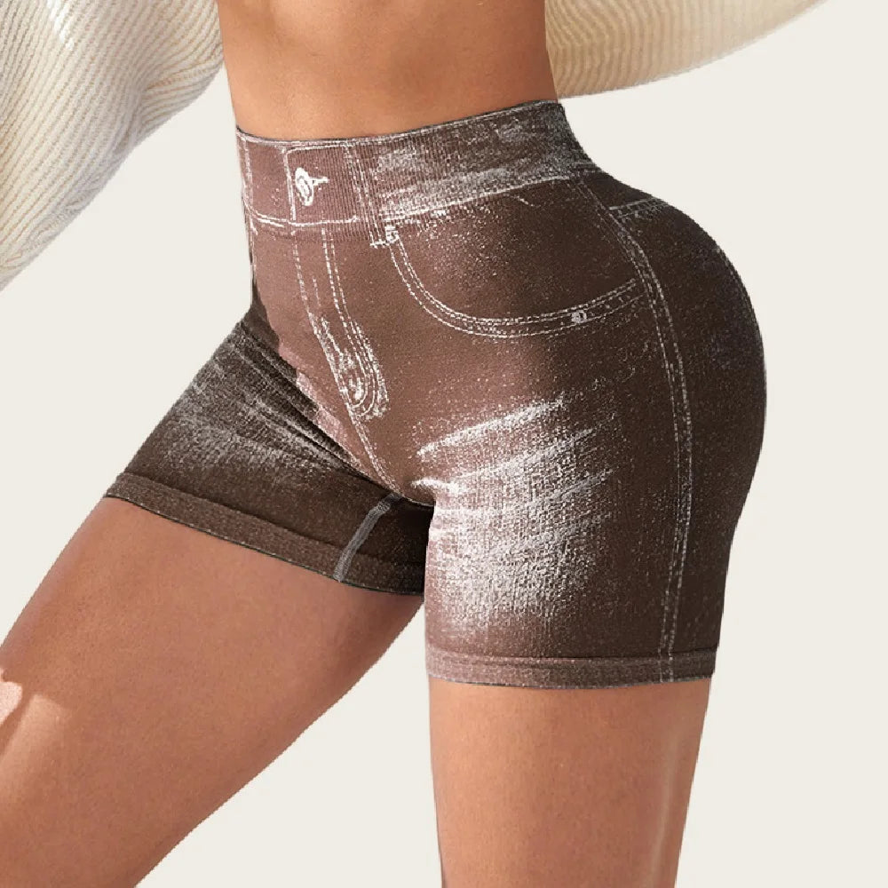 High Waist Women's Sports Shorts Hip Lifting and Body Shaping Faux Denim Jeans Stretch Short Leggings