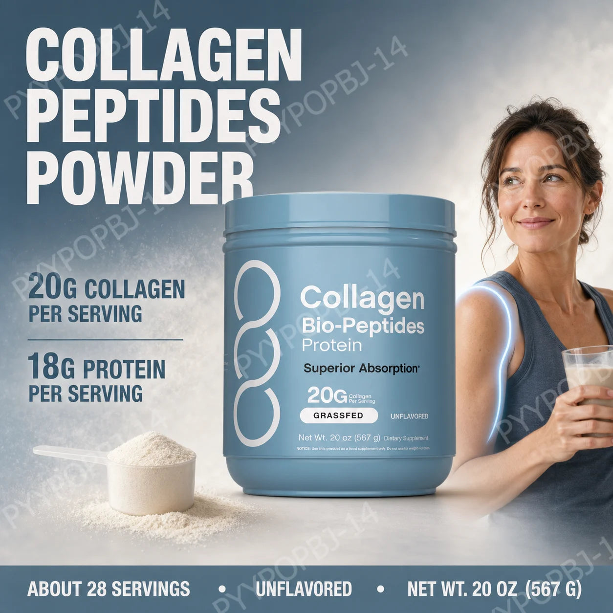 Collagen Peptides Powder 20g Per Serving, 18g Protein, Grass-Fed Bovine, Unflavored Daily Beauty Active Lifestyle Support, 567g