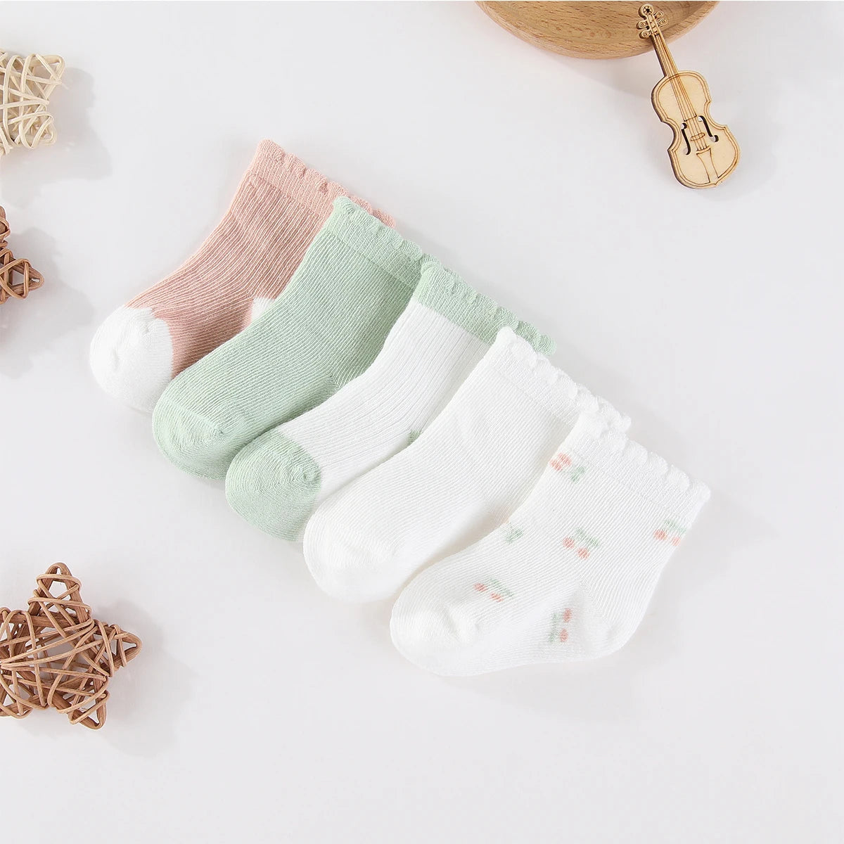 Kiddiezoom 5 Pairs Fashion Newborn Baby Boy Girl mid-calf Socks Cotton Soft Breathable Infant Accessories Four Seasons 0-12M