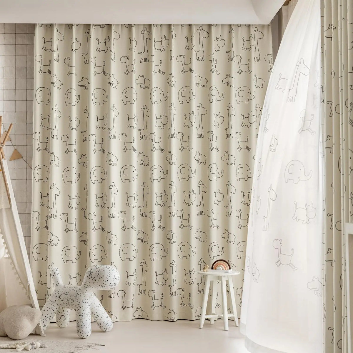 Cartoon Animals Pattern Semi-Blackout Curtains for Kids Bedroom, Beige Window Treatment Drapes for Boy Girl Window Nursery Room