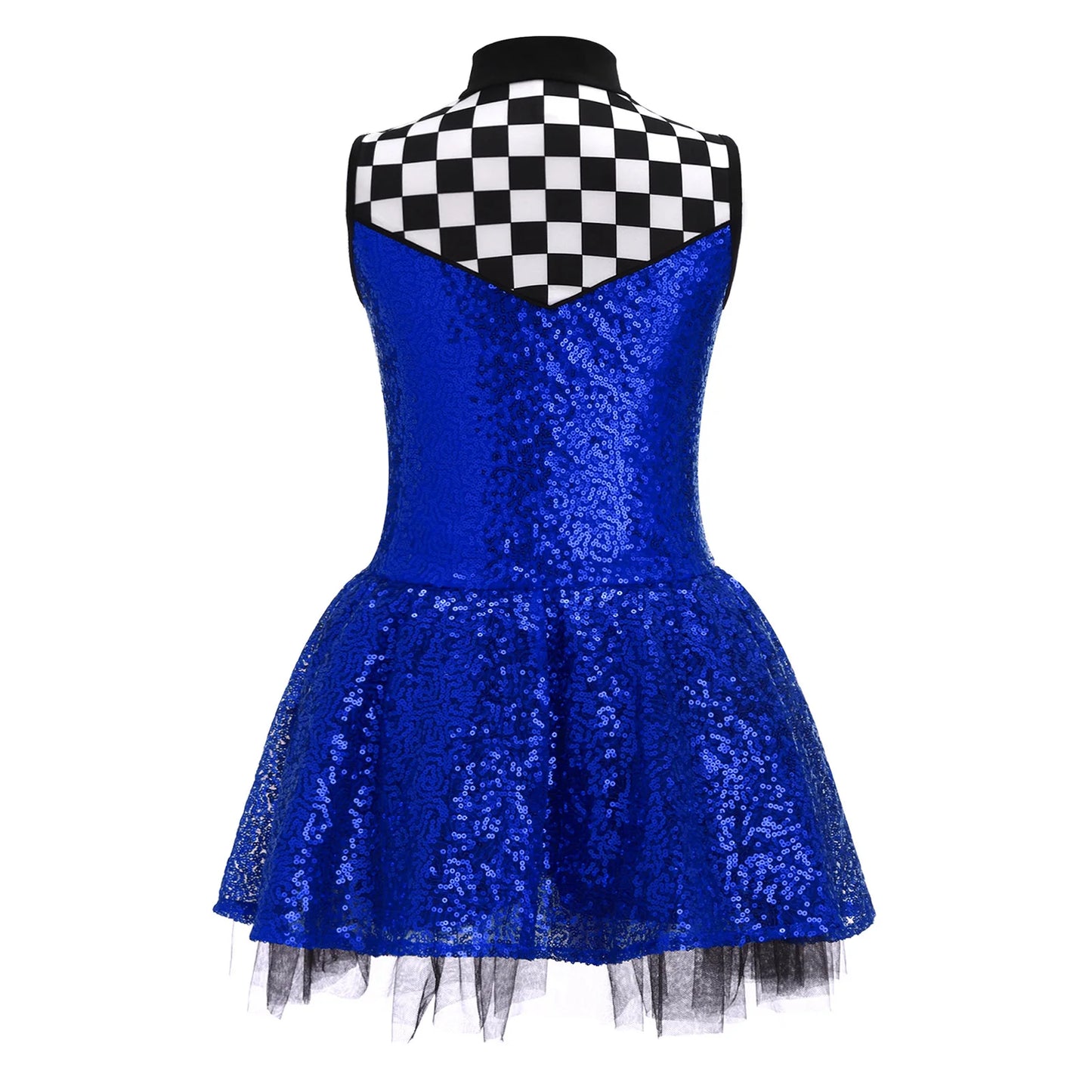 Kids Girls Checkerboard Racer Costume Halloween Car Driver Cosplay Leotard Dress with Tulle Skirt Themed Party Driving Roleplay