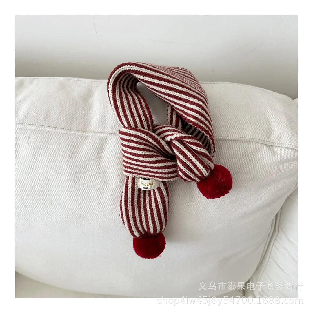 Warm Winter Neck Warmer 2025 Kids Striped Knitted Scarf with Cute Pom Poms Soft Fashion Accessory for Baby Toddler Boys Girls