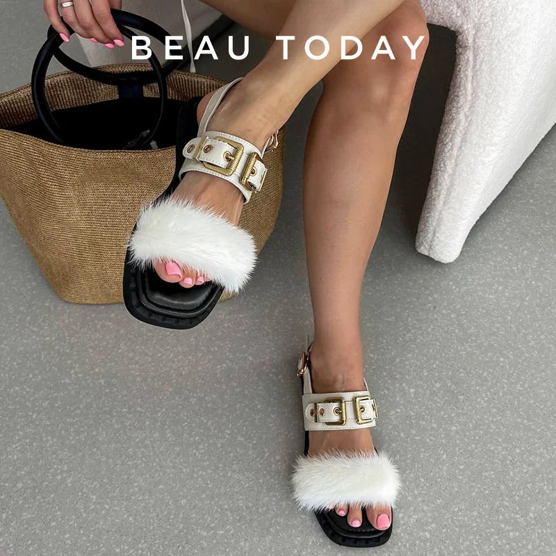BeauToday Flat Sandals Women Cow Leather Square Toe Mink design Buckle Strap Elegant Female Furry Shoes Handmade 32372
