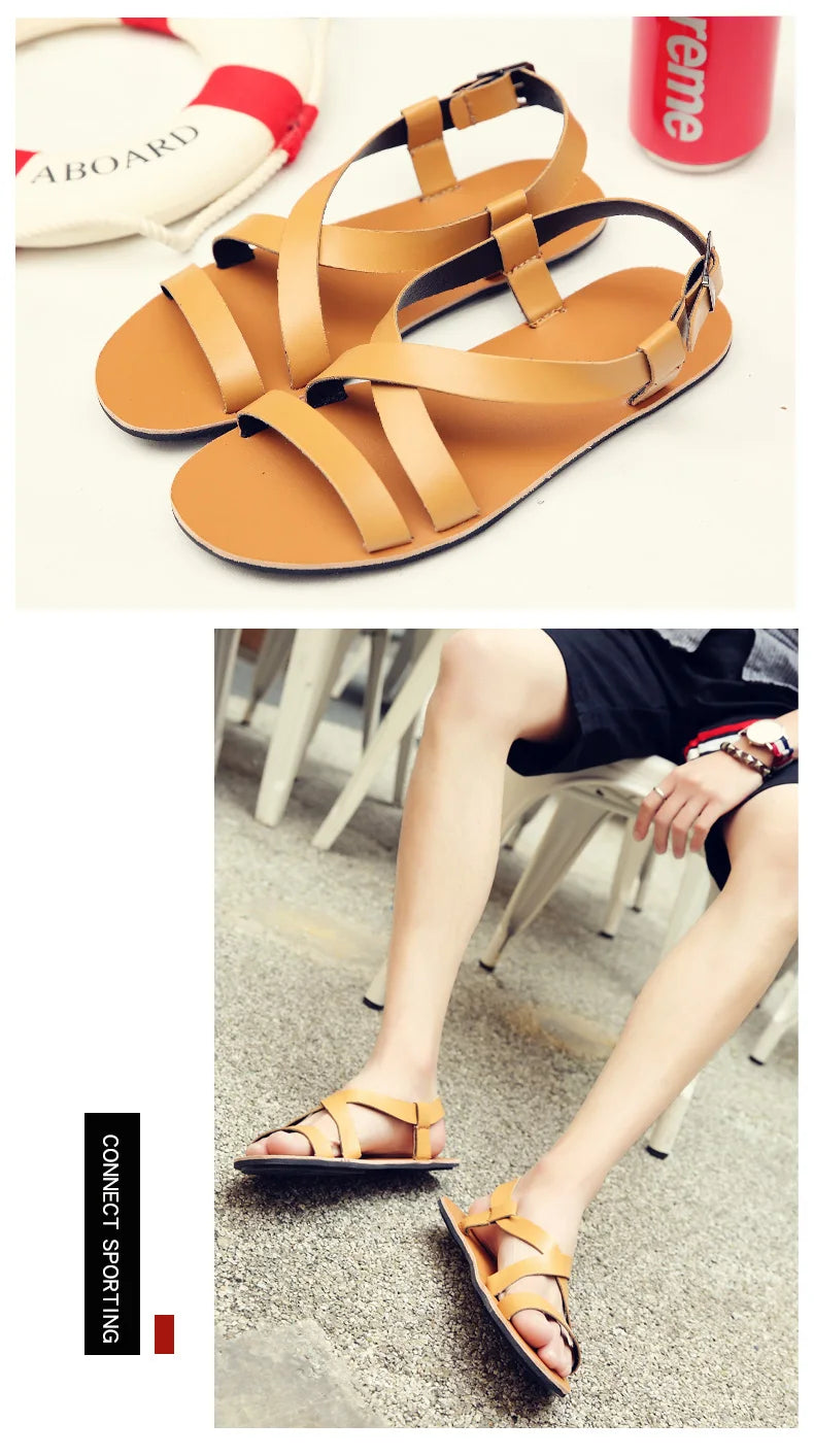 Mens Summer Breathable Leather Sandals Comfortable Roman Slippers for Outdoor Walking Casual Wear Non Slip