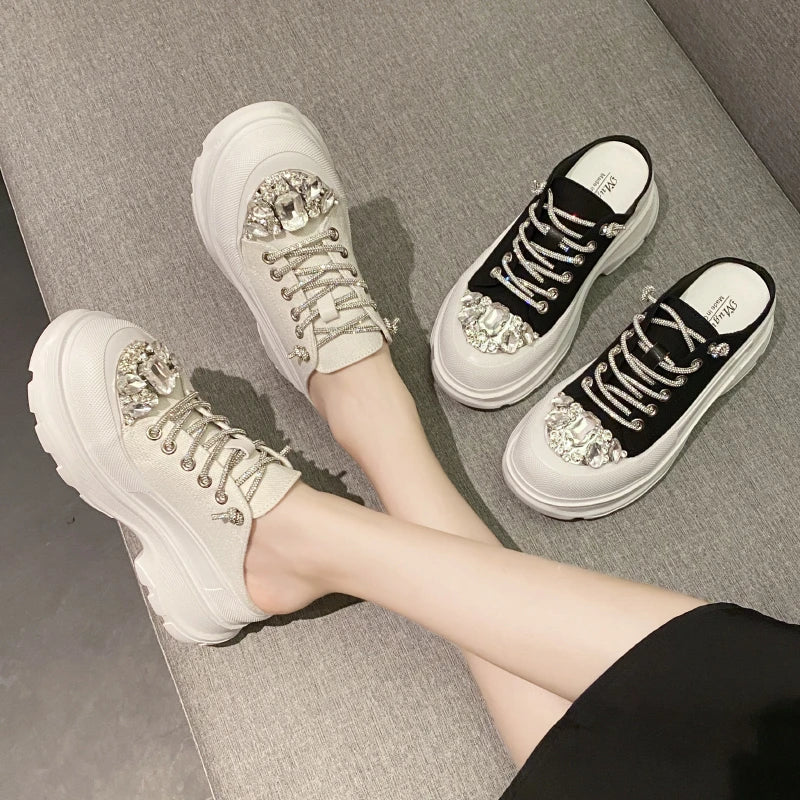 Women Shiny Rhinestones Shoes Four Seasons Casual Sneakers Women Stylish Sport Shoes Lace-Up Sports slippers zapatos mujer
