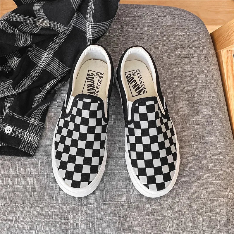 Black White Plaid Canva Women's Shoes Student Vintage Hong Kong Style Versatile Flat Shoes Korean Version Harajuku Casual
