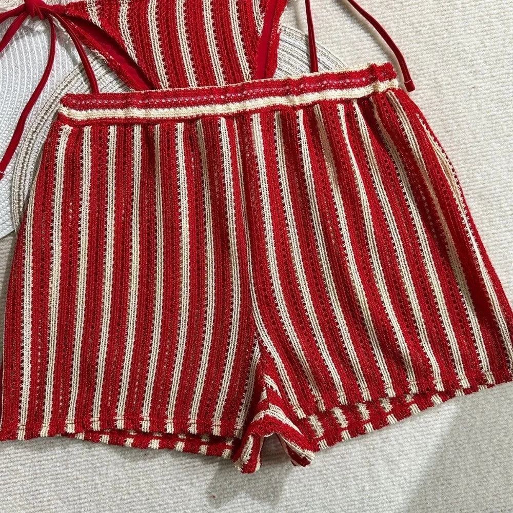 Fashion Stripes 3 in 1 Swimwear Set Lace Up Slim Fit Bikini Bathing Suit Deep-V Sleeveless Knitting Swimsuit Vacation