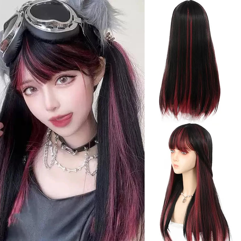Ombre Pink Brown Wig for Women Cute Lolita Hair Wig with Bangs High Temperature Fibers Synthetic Wigs Headband Wigs for Cosplay