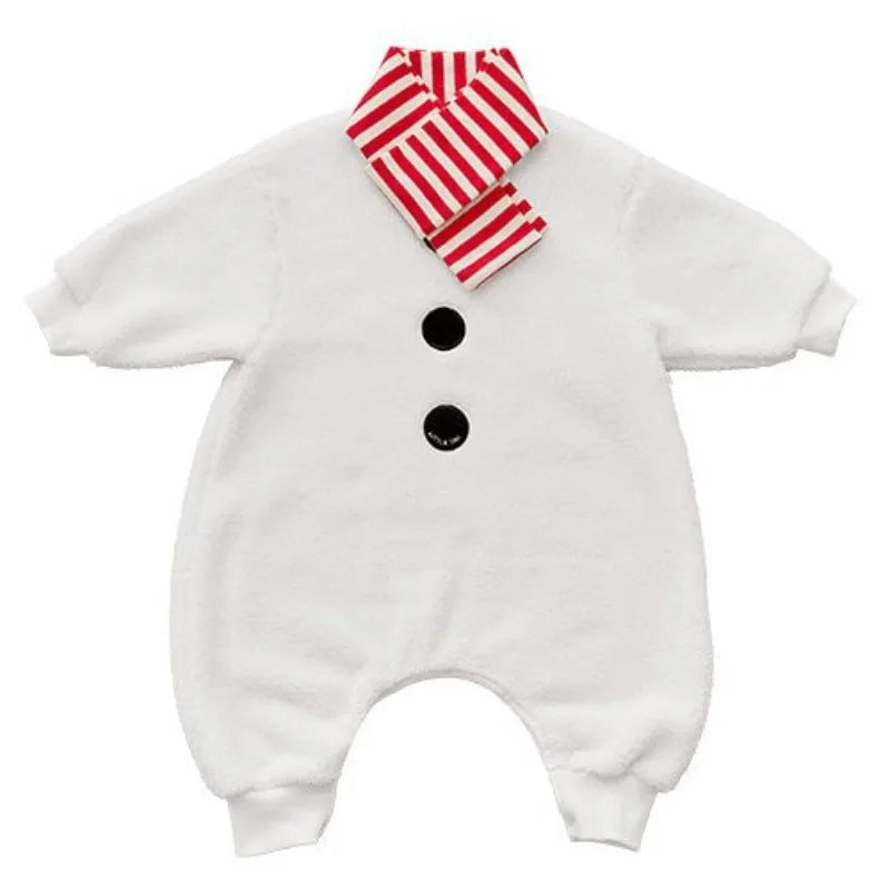 2025 New Christmas Onesie Baby Girls Boys White Fleece Warm Rompers Jumpsuit+Scarf+Cute Snowman Hat Toddler Xmas Outfits A8198