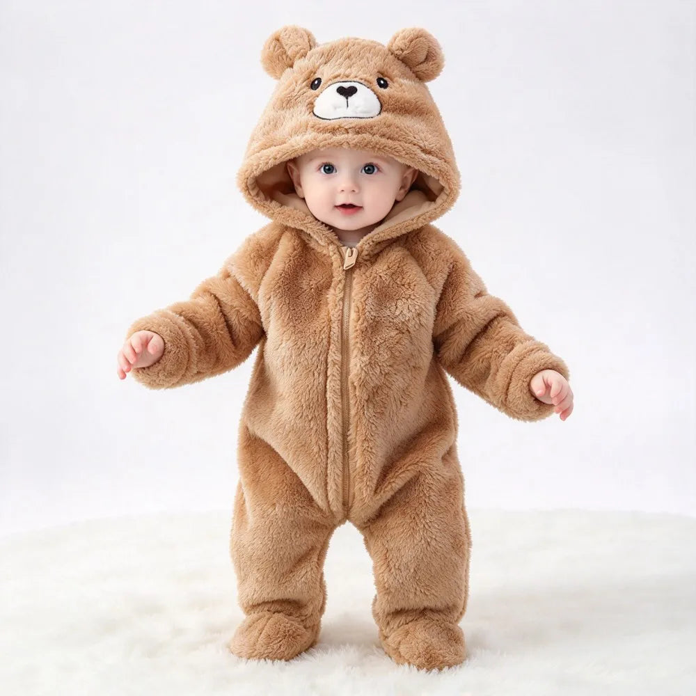 Baby Animal Onesie 0-12M Panda Bunny Bear Hooded Plush Romper Soft Warm Coral Fleece Jumpsuit Newborn Bodysuit Winter Costume
