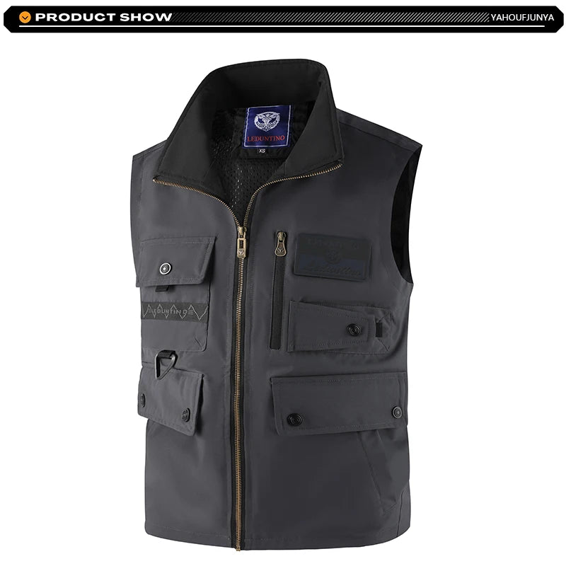 2026 New Summer Men Sleeveless Outdoor Cargo Leisure Lapel Vest Men Pocket Solid Color Fishing Camping Thin Vest Male Waistcoat