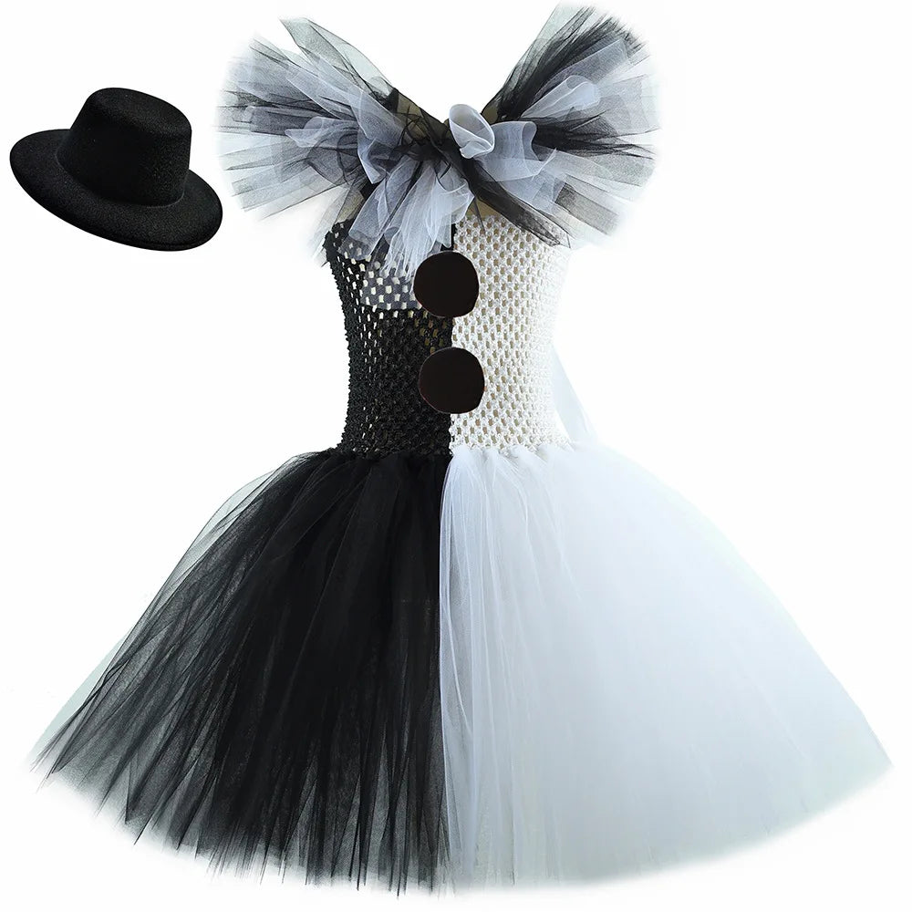 Girls Halloween Clown Costume Dress Kids Black White Scary Clown Dress with Hat Socks Gloves Set Carnival Cosplay Party Outfit