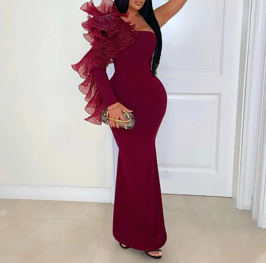 One Shoulder Long Dress Women Elegant Party Dresses Ruffles Sleeve Bodycon Evening Summer Dresses Female Birthday Dress HWY1896