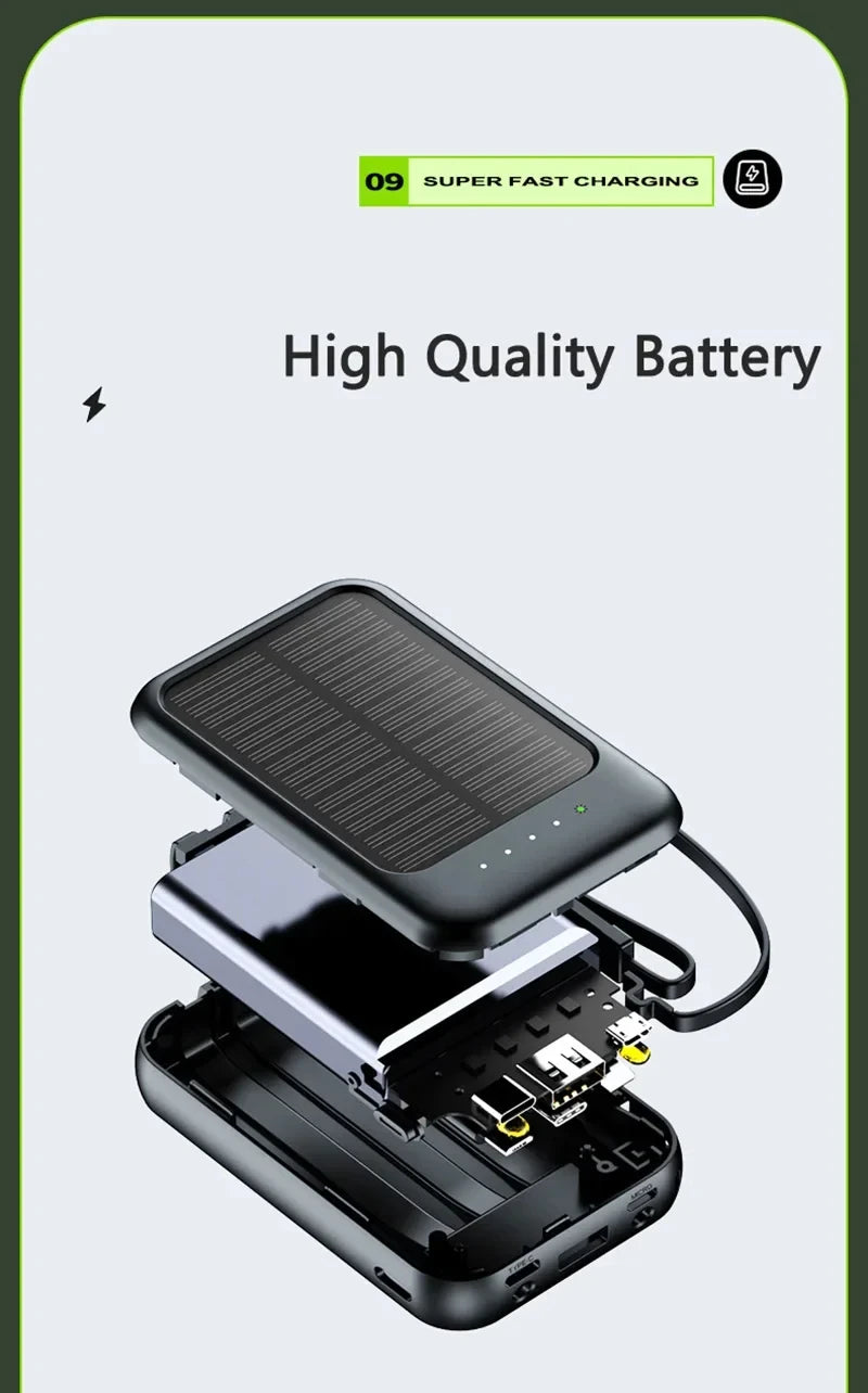 50000mAh High Capacity Solar Power Bank Built in Cable Solar Charger 2-USB Ports External Charger Power Bank LED Light 2026 New