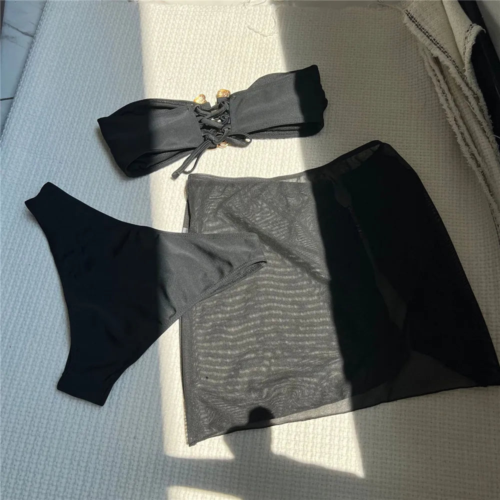 Metal Buckled Bandeau Black Bikinis Sets 3 Pieces Skirts Cover Ups Sexy Swimsuit Women 2026 Holiday Solid Swimwears Bikini Dames
