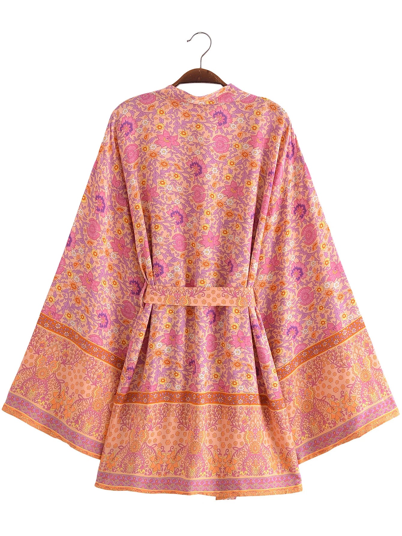 BOHO Women Blue With Pink Flower Print Kimono Shirt Holiday Tide Bow Sashes Mid Long Cardigan Summer Blouse Beach Cape