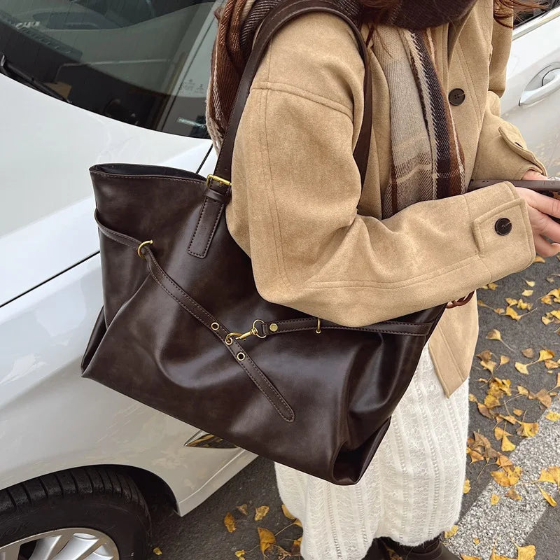 Tote Bag Designer Retro PU Leather Shoulder Handbag For Women Winter Trend Y2K Fashion Handbags Females Travel Luxury Tote Bags