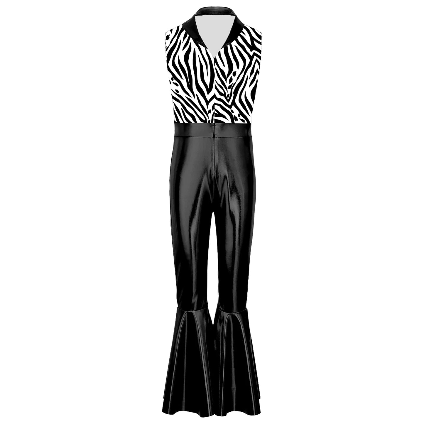 Children Boys 70-80s Disco Hippie Cowboy Costume Metallic Shiny Zipper Bell-bottom Jumpsuit for Halloween Carnival Cosplay Party