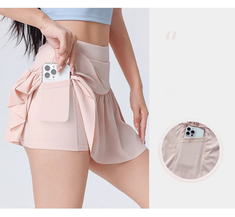 Women High Waist Asymmetrical Tennis Skirt Built-in Shorts Quick Dry Breathable Workout Running Sports Mini Skort