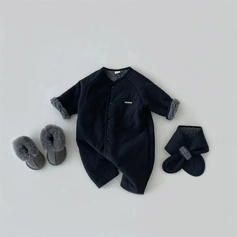 Korean Baby Jumpsuit Scarf Set Autumn Winter Lamb Wool Romper for Boys Girls Toddler Infant Clothes Loose Newborn Onesie 2Pcs