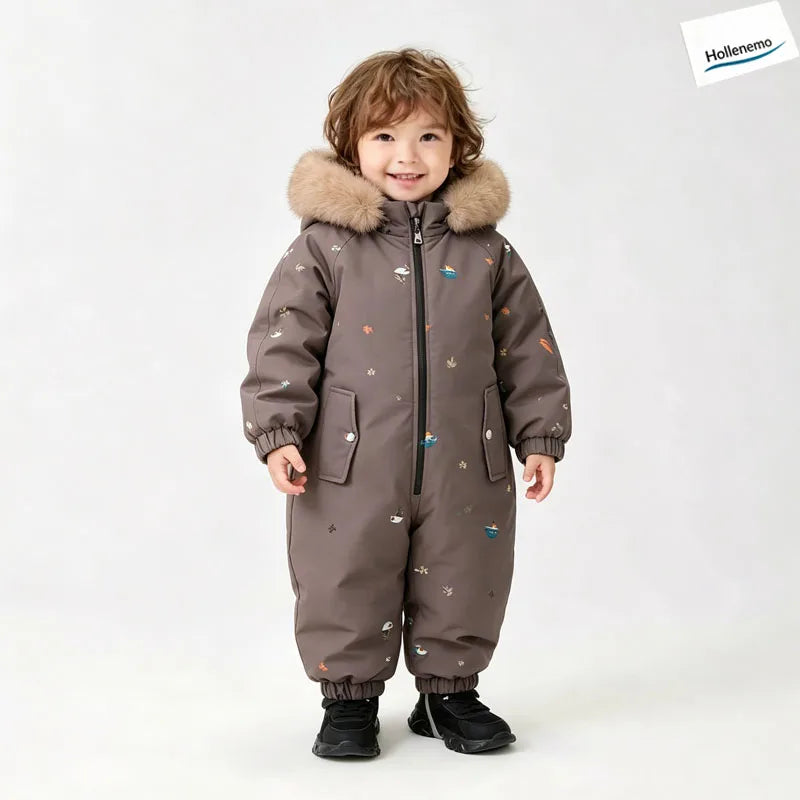 Baby Hooded One‑Piece Snowsuit Faux Fur Trim Windproof Waterproof Animal Print Warm Winter Zipper Jumpsuit Romper For Boys Girls