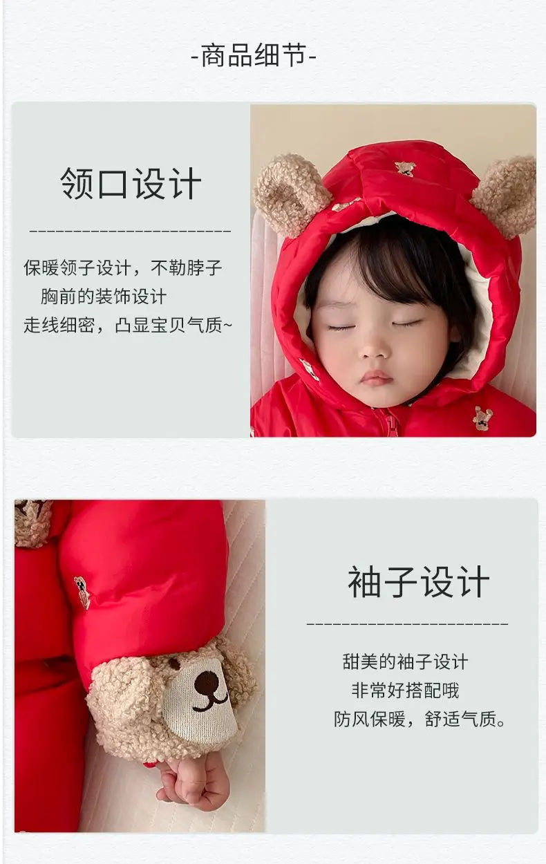 New Winter Thick Keep Warm Boys Girls Rompers Lined With Velvet Cartoon Bear Pattern Hooded Bodysuits For 1-2 Years Old Kids