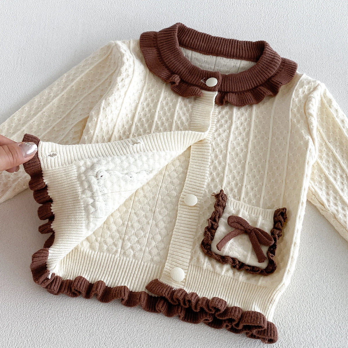 2026 Fall/Winter New Collection Girls' Set, Infant Bow Ruffled Trim Solid Color Knit Top and Pants
