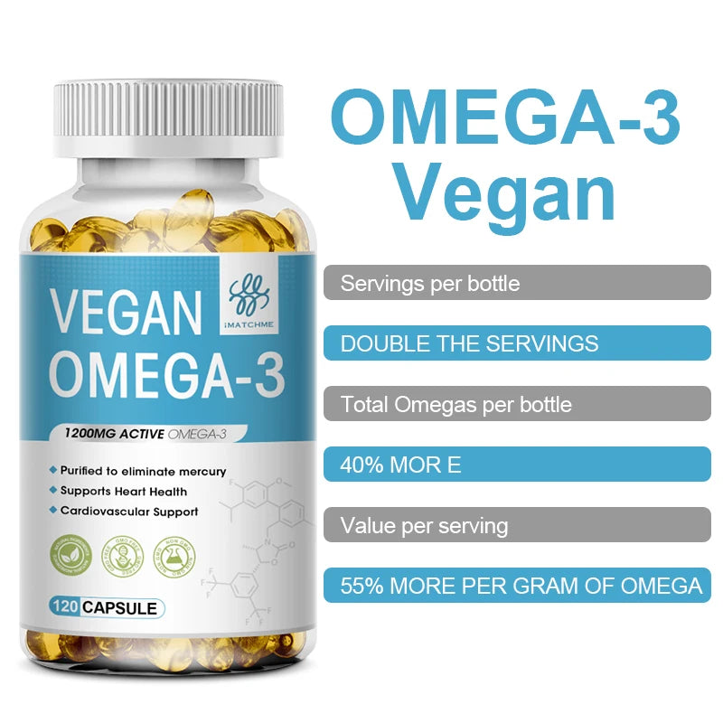 IMATCHME 60PCS Vegan OVEGA-3 Deep Sea Fish Oil Capsules Rich DHA & EPA, Supports Brain, Eye & Heart Health Cardiovascular Support