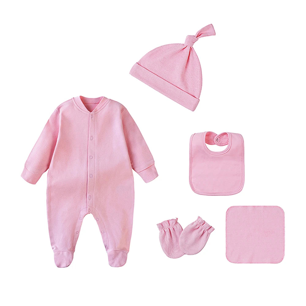 100% Cotton Newborn Baby Sets Hospital Baby Girl Clothes Set Pink Long Sleeve Footed Romper+Hat+Drool Bib+Glove Outfits Gift Box