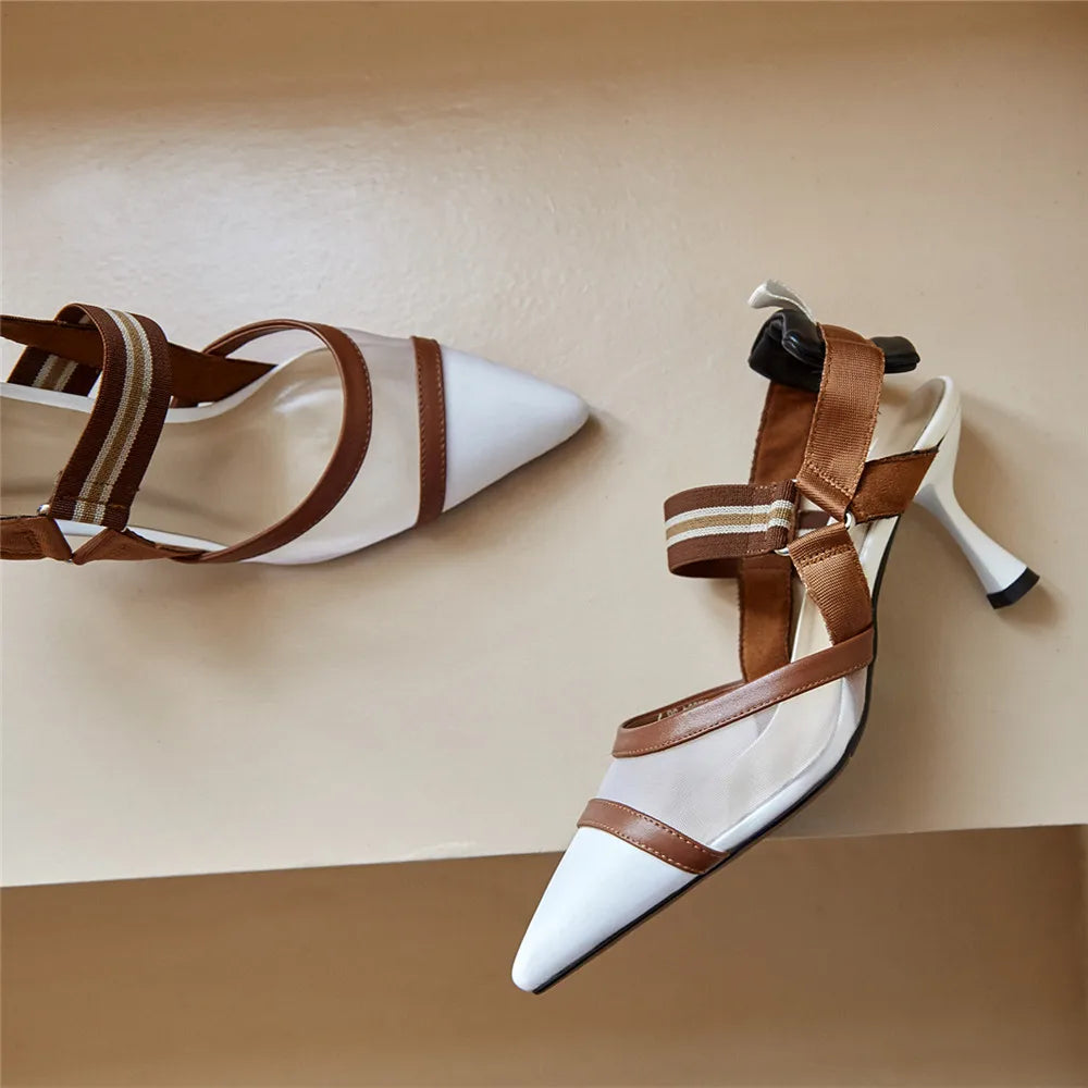 Aucegi Pointy Toe Thin High Heel Slingback Sandals Women Brand Design Elegant Genuine Leather Splicing Mesh Party Dress Shoes