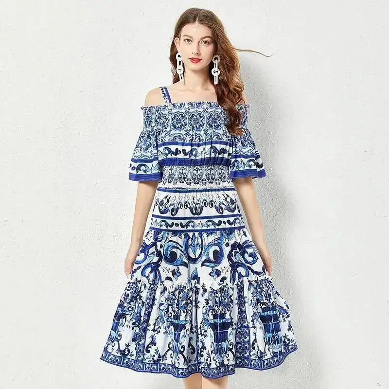 JAMERARY Summer Runway Blue White Porcelain Print Midi Dress Women's Straps Flare Sleeve Elastic Waist Cotton Floral Vestidos