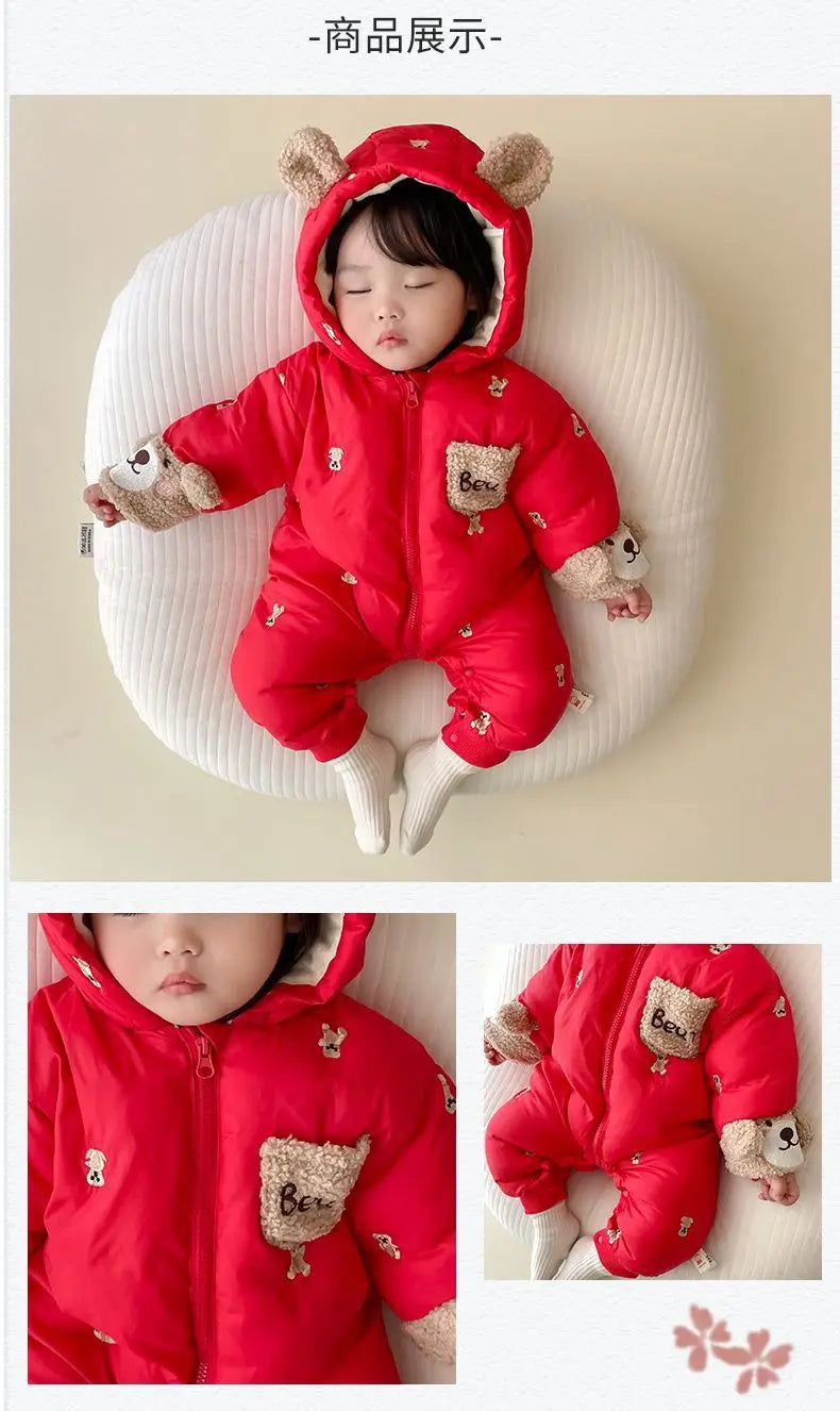 New Winter Thick Keep Warm Boys Girls Rompers Lined With Velvet Cartoon Bear Pattern Hooded Bodysuits For 1-2 Years Old Kids