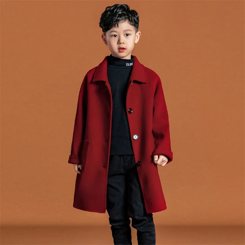 Boys Woolen Coat Overcoat Jacket Windbreak 2024 Red Warm Plus Thicken Autumn Winter Cotton School Children's Clothing