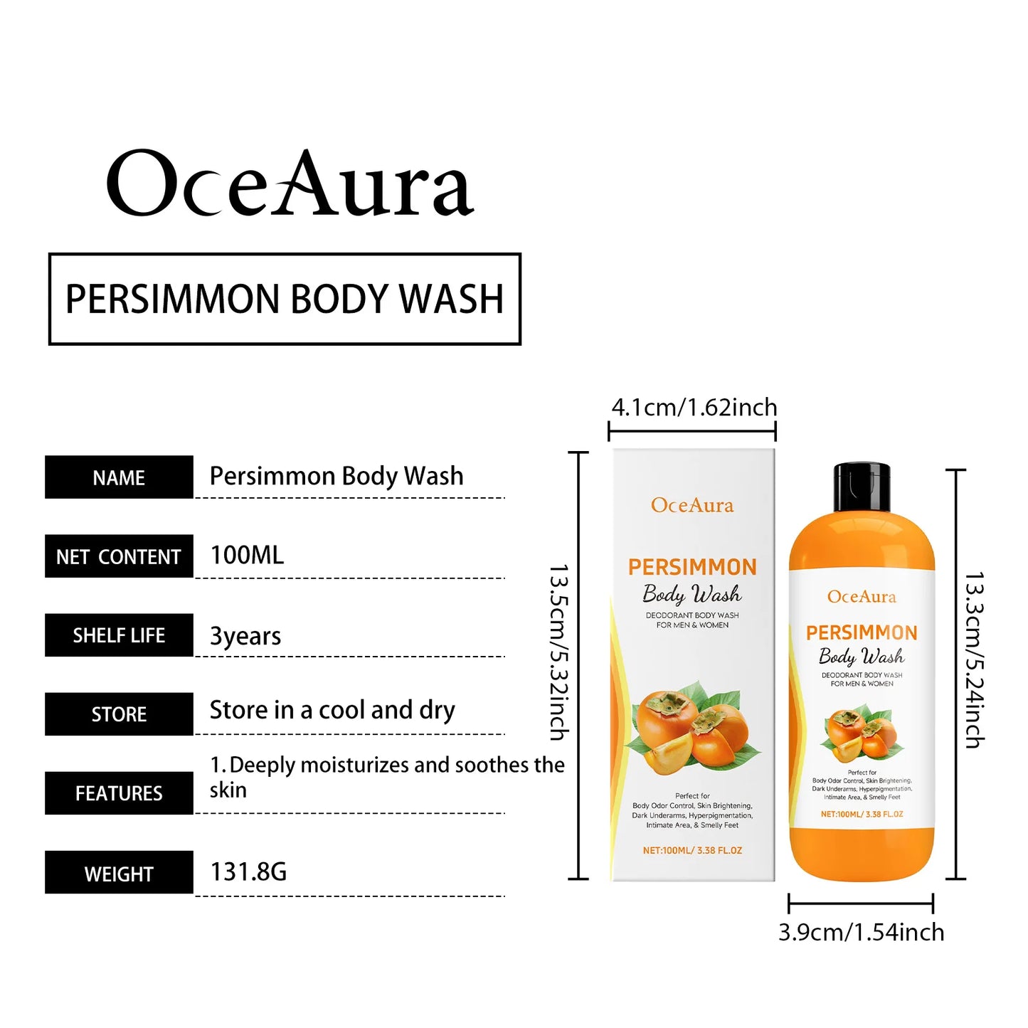 100ml Persimmon Body Wash Odor Eliminating Exfoliating Shower Gel Oil Control Smoothing Remove Dirt Sweat Lasting Body Cleanser