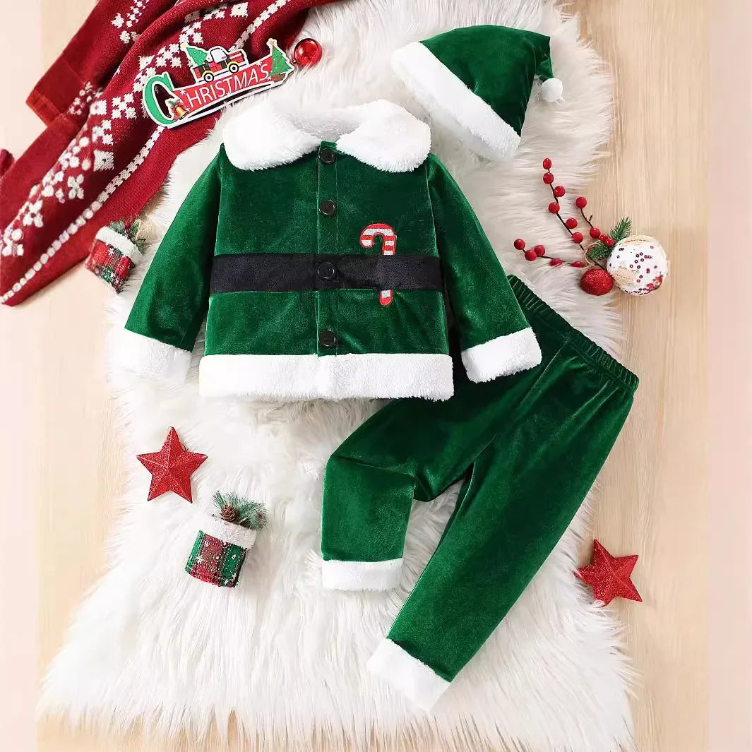 Baby Christmas Clothes Sets Winter Plush Fleece Santa Claus Coat and Velvet Pants Toddler Christmas Outfits New Year Costumes