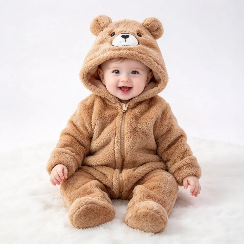 Baby Animal Onesie 0-12M Panda Bunny Bear Hooded Plush Romper Soft Warm Coral Fleece Jumpsuit Newborn Bodysuit Winter Costume