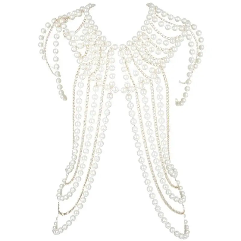 P9FE Fringed Pearls Shawl Wrap for Female Shoulder Chain Necklace Elegant Bride Shawl Formal Dress Shoulder Wrap Body Chain