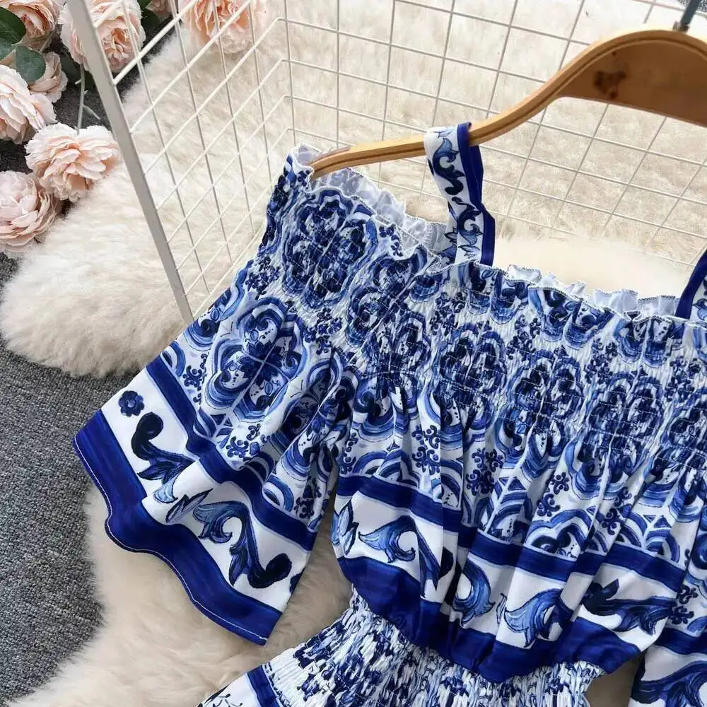 JAMERARY Summer Runway Blue White Porcelain Print Midi Dress Women's Straps Flare Sleeve Elastic Waist Cotton Floral Vestidos