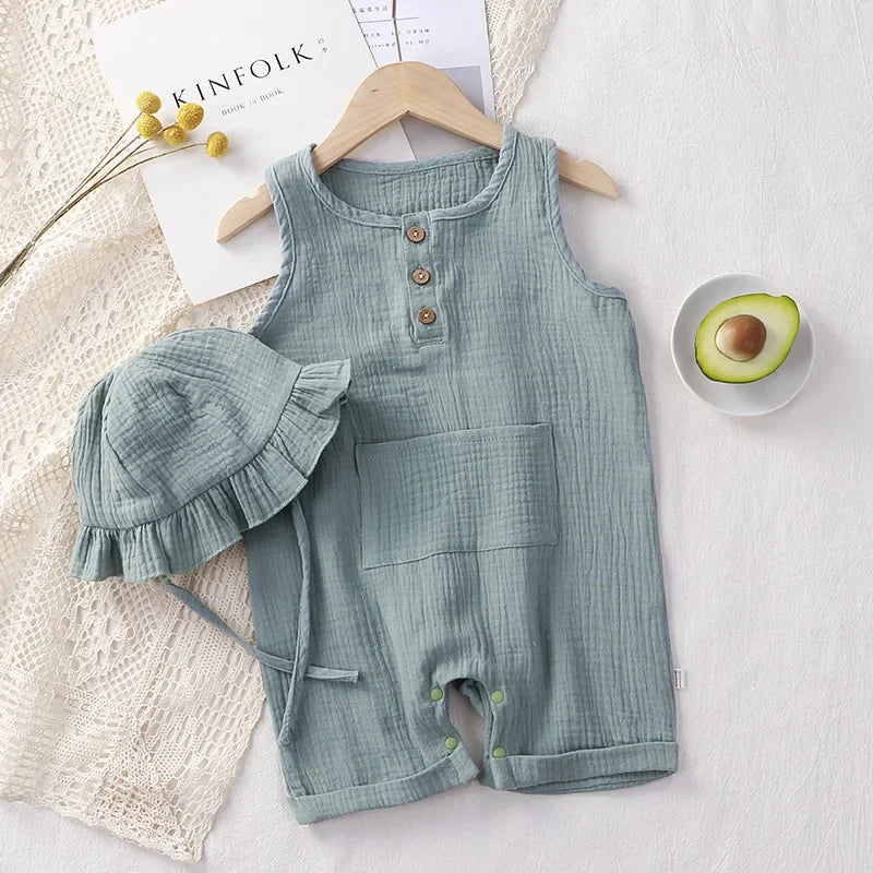 2Pcs/Set Baby Summer Clothing Solid Newborn Infant Romper With Hat Muslin Cotton Sleeveless Baby Boys Girls Jumpsuit Outfits