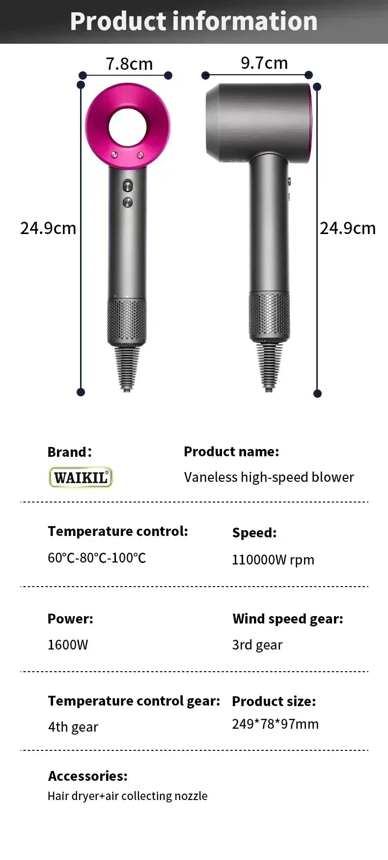 For EU Professional Leafless Hair Dryer, High-Speed Negative Ion 110,000 Rpm, Professional Hair Care, 62M/S Wind, 1600W, Quick