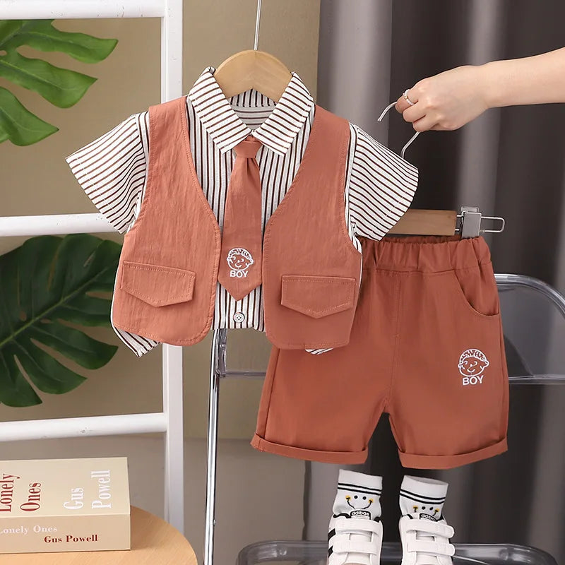Toddler Summer 1st Birthday Boy Outfit 2024 Korean Style Striped Turn-down Collar Short Sleeve Shirts + Shorts Boys Clothes Sets