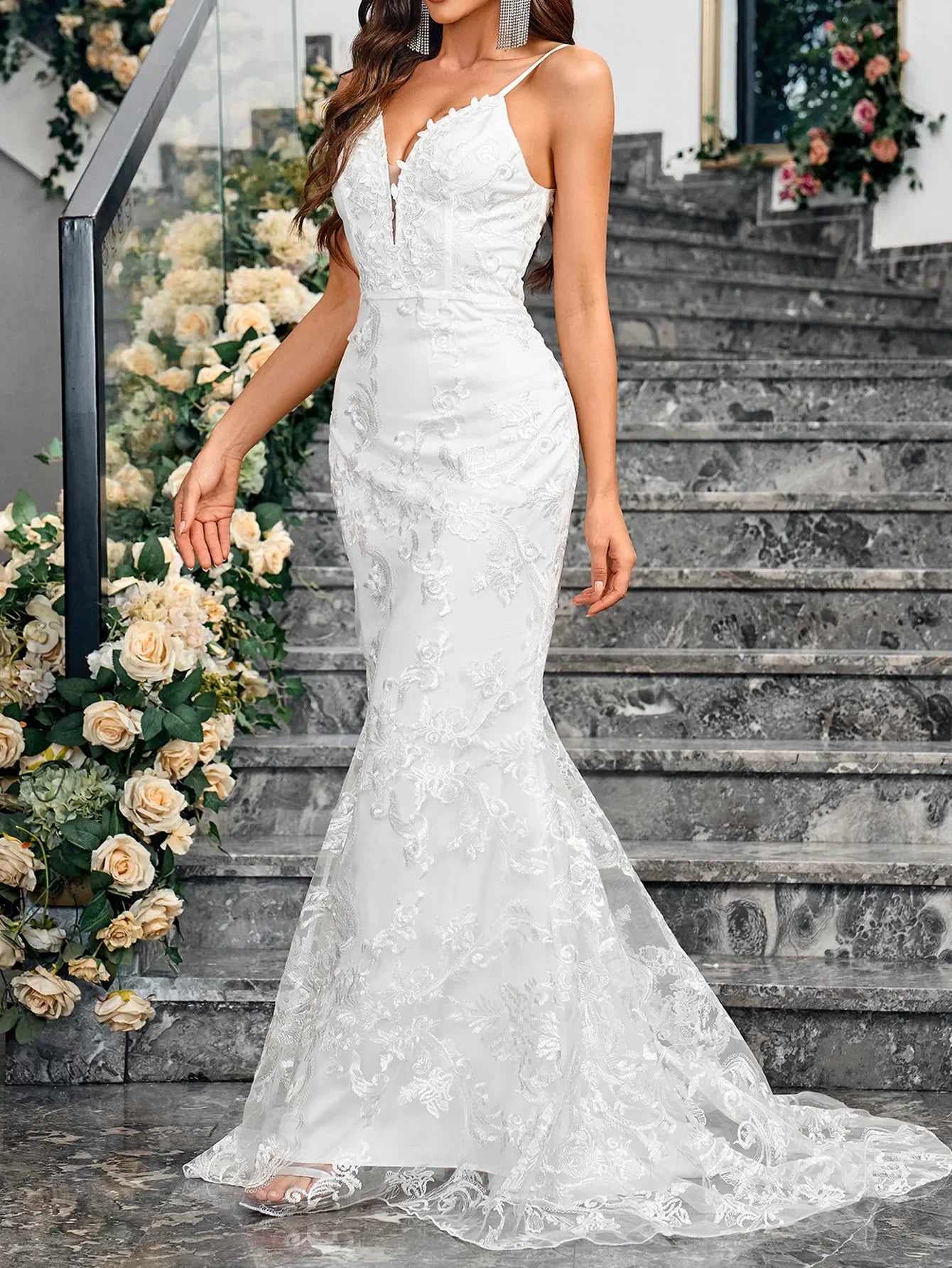 Sexy Cross-Border Slim Fit Bodycon Wedding Dress with Train for Bridal Showers And Parties V-Neck Ankle-Length Evening Gown
