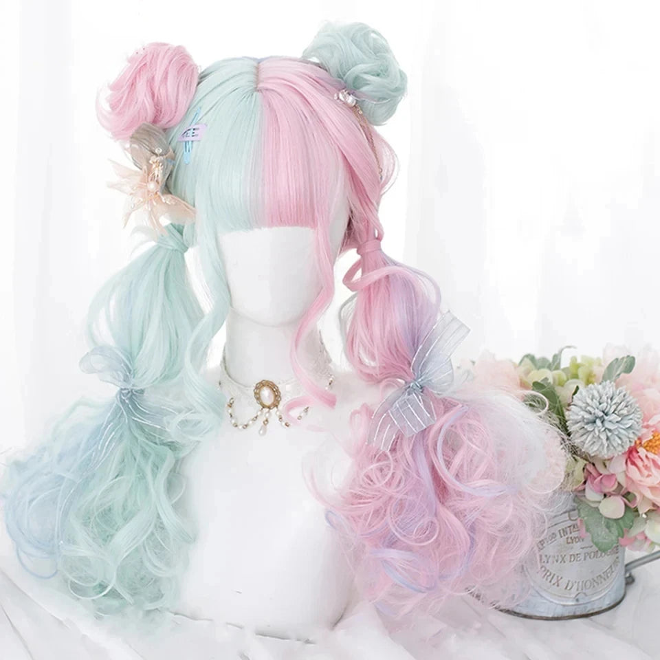 Synthetic Long Curly Wavy Lolita Wig with Bangs Wig Girl Cute Ombre Pink Blonde Black Cosplay Party Halloween Harajuku Wig