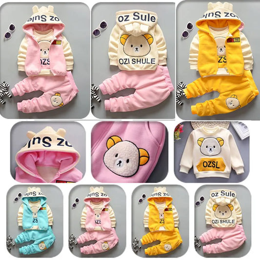 3Pcs Boys Fleece Sets Baby Girls Winter Autumn Thicken Clothes Suits Children Autumn Cartoon Hooded Jackets+Top+Pants Outfits