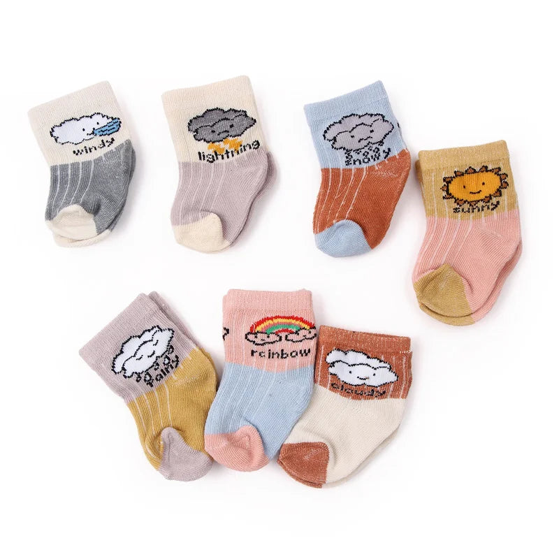 7 Pairs Set for Baby Socks Soft Cotton Cute Animal Smile Face Spring and Autumn for 0-6 Months Toddler Boys and Girls W0040W0052